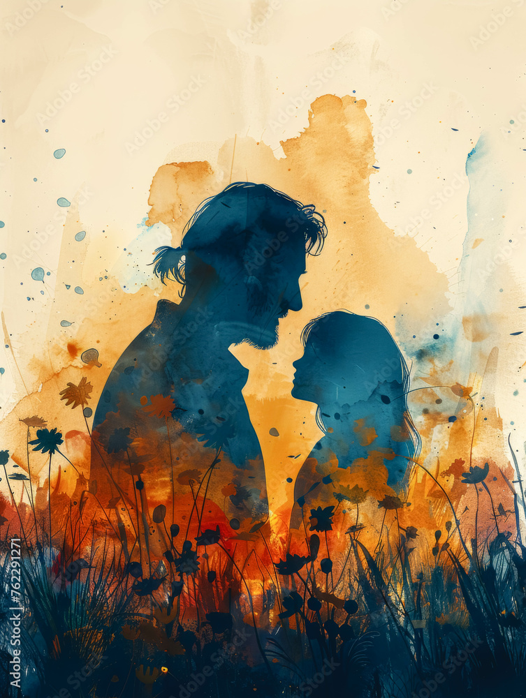 Silhouettes of a father and a small child drawn in watercolor.