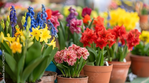 Colorful spring flowers in pots at the fair adding beauty and freshness to the surroundings