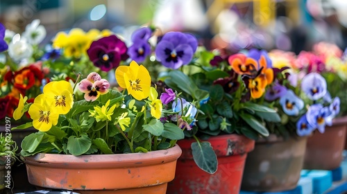 Colorful spring flowers in pots at the fair adding beauty and freshness to the surroundings photo