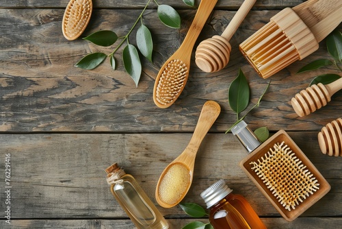 Cosmetics with honey extracts with utensils on wooden table. Horizontal composition. Top view. photo