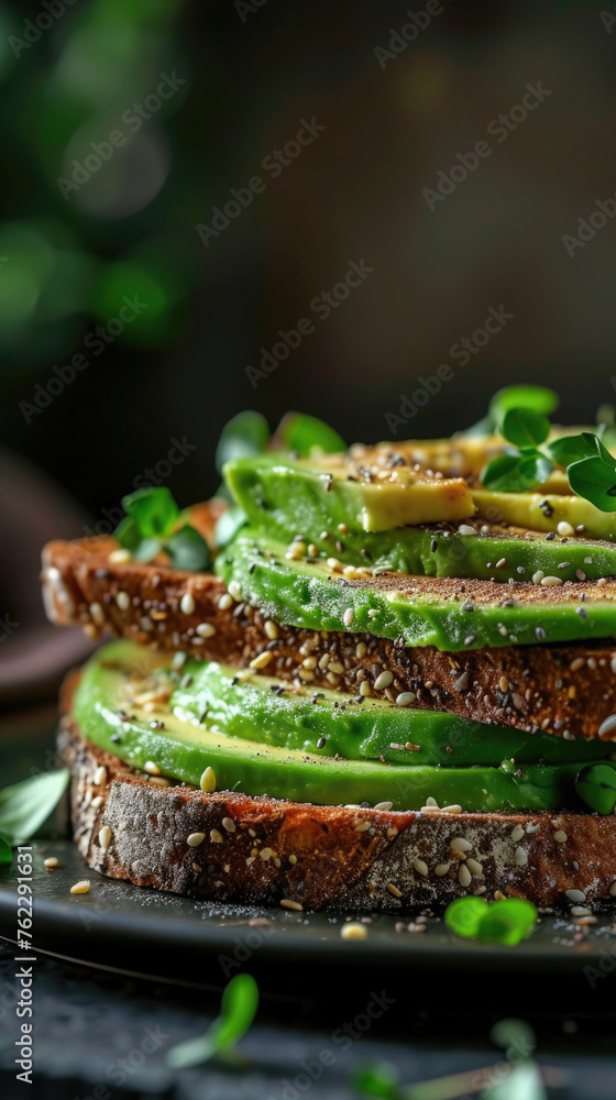 Avocado toast, vegetable slices lie on bread, sprinkled with conjume, spices, microgreens in a plate, vegetarian food, close-up, vertical Avocado toast, vegetable slices lie on bread, sprinkled with conjume, spices, microgreens in a plate, vegetarian food, close-up, vertical