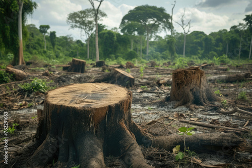 felled trees, stumps in the forest, in a palm grove in the background, deforestation photo