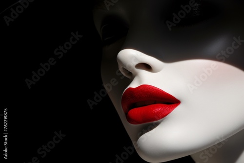 a close up of a woman's face with red lipstick