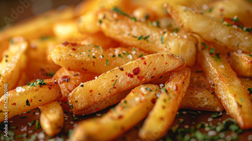 Freshly prepared French fries, seasoned with spices, close-up.