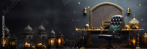 Luxury golden and black home office with leather chair and Morrocan style lanterns
