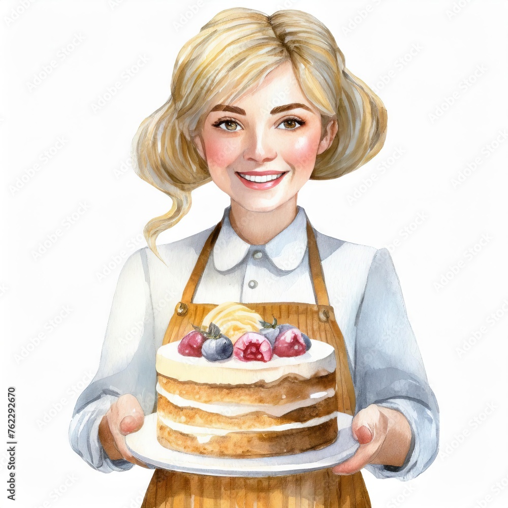 Smiling Woman Presenting a Fresh Fruit Cake Smiling Woman Presenting a Fresh Fruit Cake