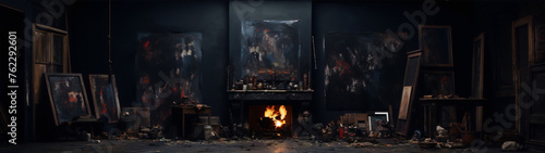 Dark and moody art studio with fireplace and paintings in the style of abstract expressionism.