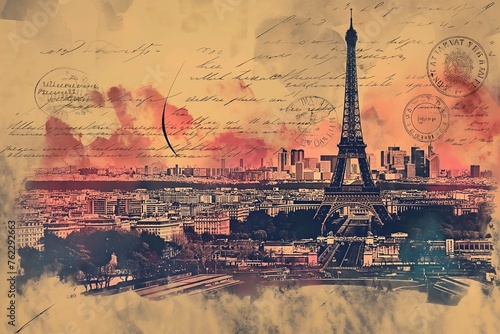 Eiffel tower on a postcard letter with stamps, travel Europe France Paris illustration