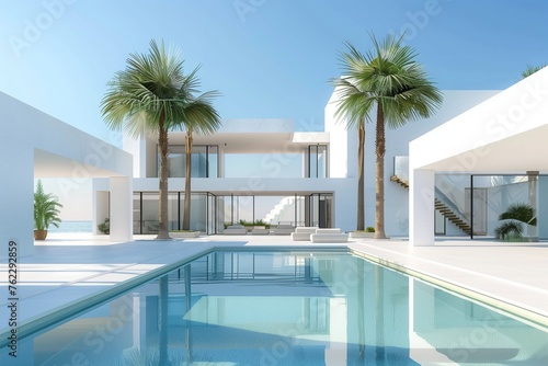 A stunning white house with a swimming pool and palm trees in front, set against a clear azure sky in a residential area © RichWolf