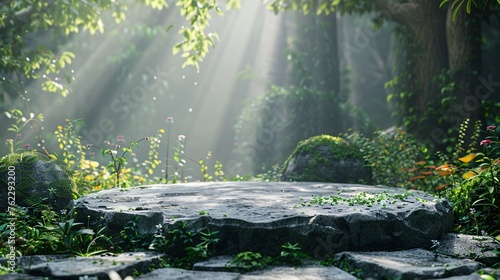 Flat stone podium in a magical forest  empty round stand  minimalist high detail background for showcasing objects mystically