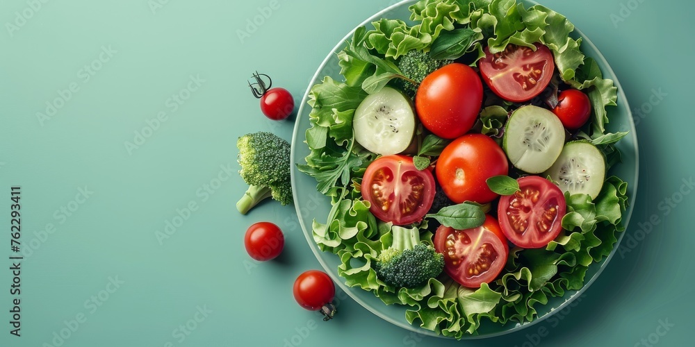 Fresh Salad With Tomatoes, Broccoli, Cucumbers, and Broccoli healthy food concept flat-lay. Generative AI