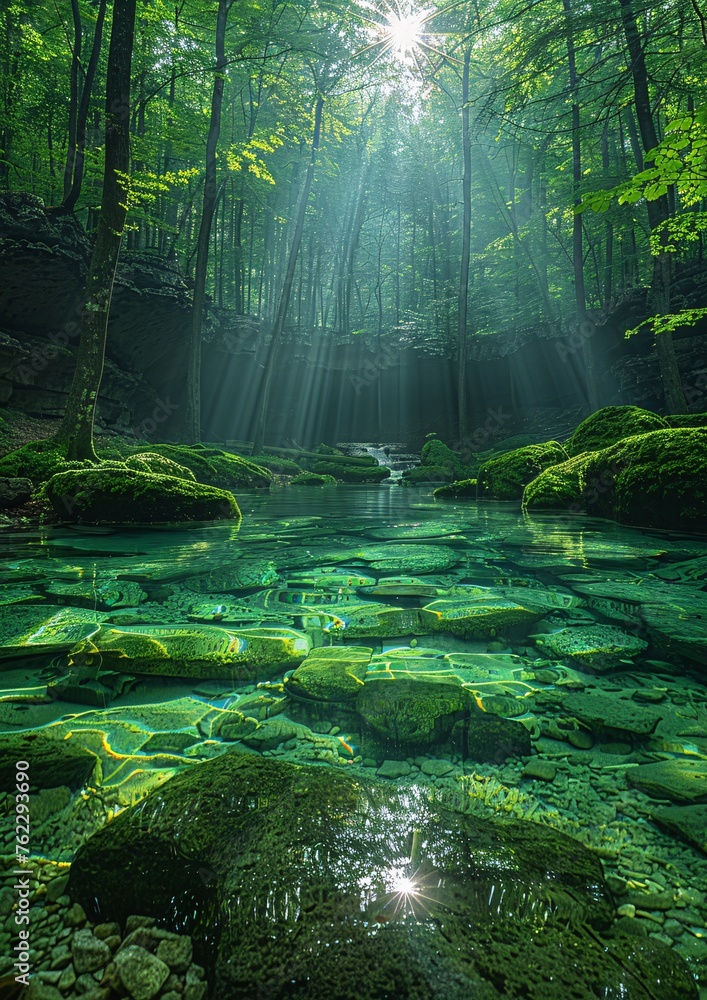Sunlit Forest Oasis: Stone Pathways Lead to Clear Waters Amidst Green Trees