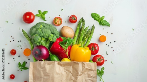 Delivery healthy food background. Vegan vegetarian food in paper bag vegetables and fruits on white 
