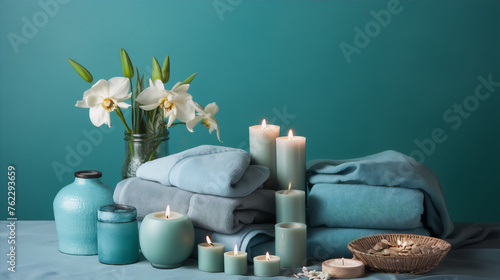 Teal and gray bath towels and orchid flowers with lit candles on a blue background