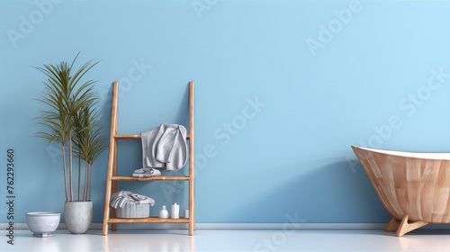 Bathroom interior with wooden bathtub, plants and ladder shelf with towels and toiletries in blue pastel colors photo