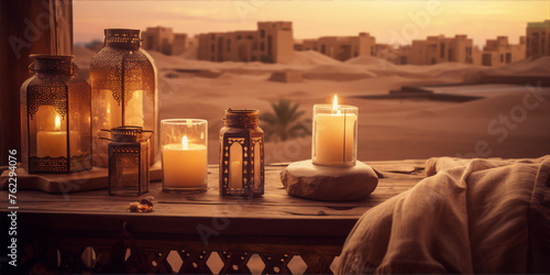 Still life of candle lanterns on a table with a desert and sunset in the background in warm colors.