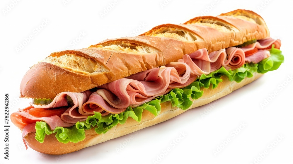 Ham Swiss 12 inch submarine sandwich isolated on white Ham Swiss 12 inch submarine sandwich isolated on white