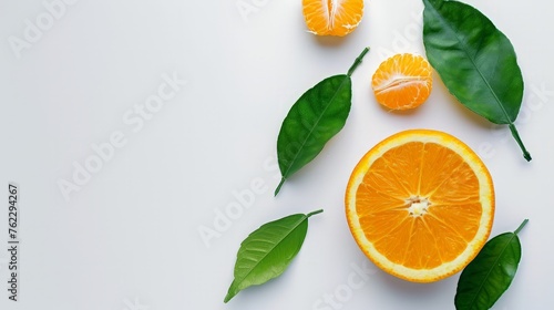 Half of orange and three leaf on a white background. photo
