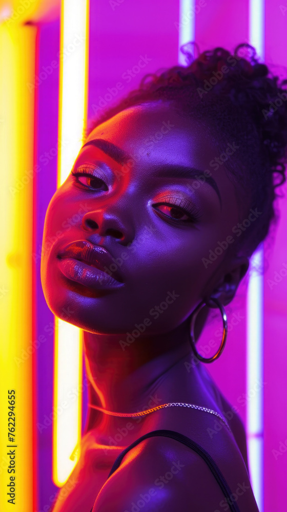 Obraz premium close-up, African-American girl, beauty model with black shiny skin, neon lighting with lamps, bright pink, orange colors,