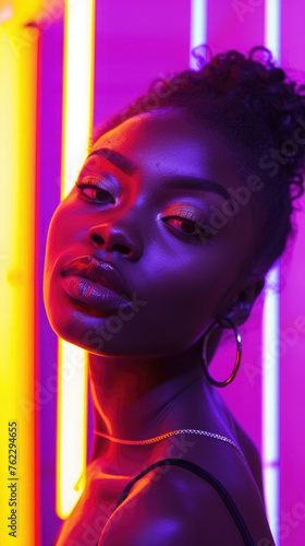 close-up, African-American girl, beauty model with black shiny skin, neon lighting with lamps, bright pink, orange colors,