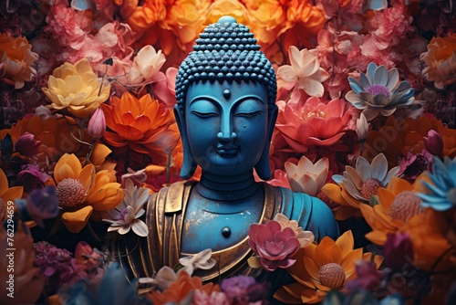 a blue statue surrounded by colorful flowers