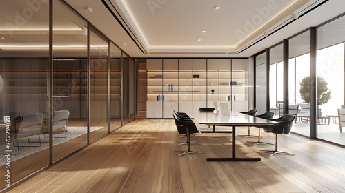 Modern Conference Room: A Sleek and Sophisticated Space with Glass Partition, Wooden Flooring, Bookcase, and Innovative 3D Design photo