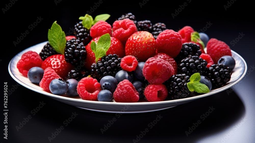 Colorful berries were beautifully placed on plates on the table. Colorful berries were beautifully placed on plates on the table.