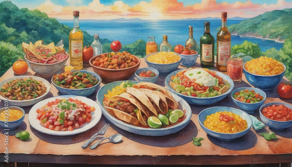 Watercolor Illustration Of Table With Food For Cinco De Mayo
