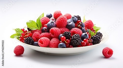 Colorful berries were beautifully placed on plates on the table.