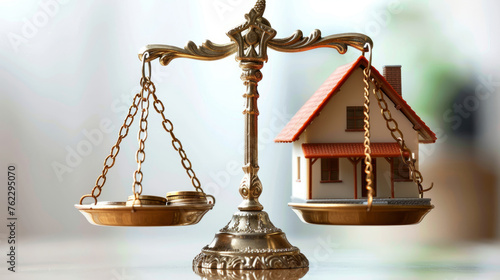 Balance scale with a house on one side and coins on the other, highlighting the financial considerations of property investment