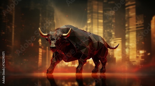 In a dynamic 3D render visualize the bull morphing into a financial chart symbolizing