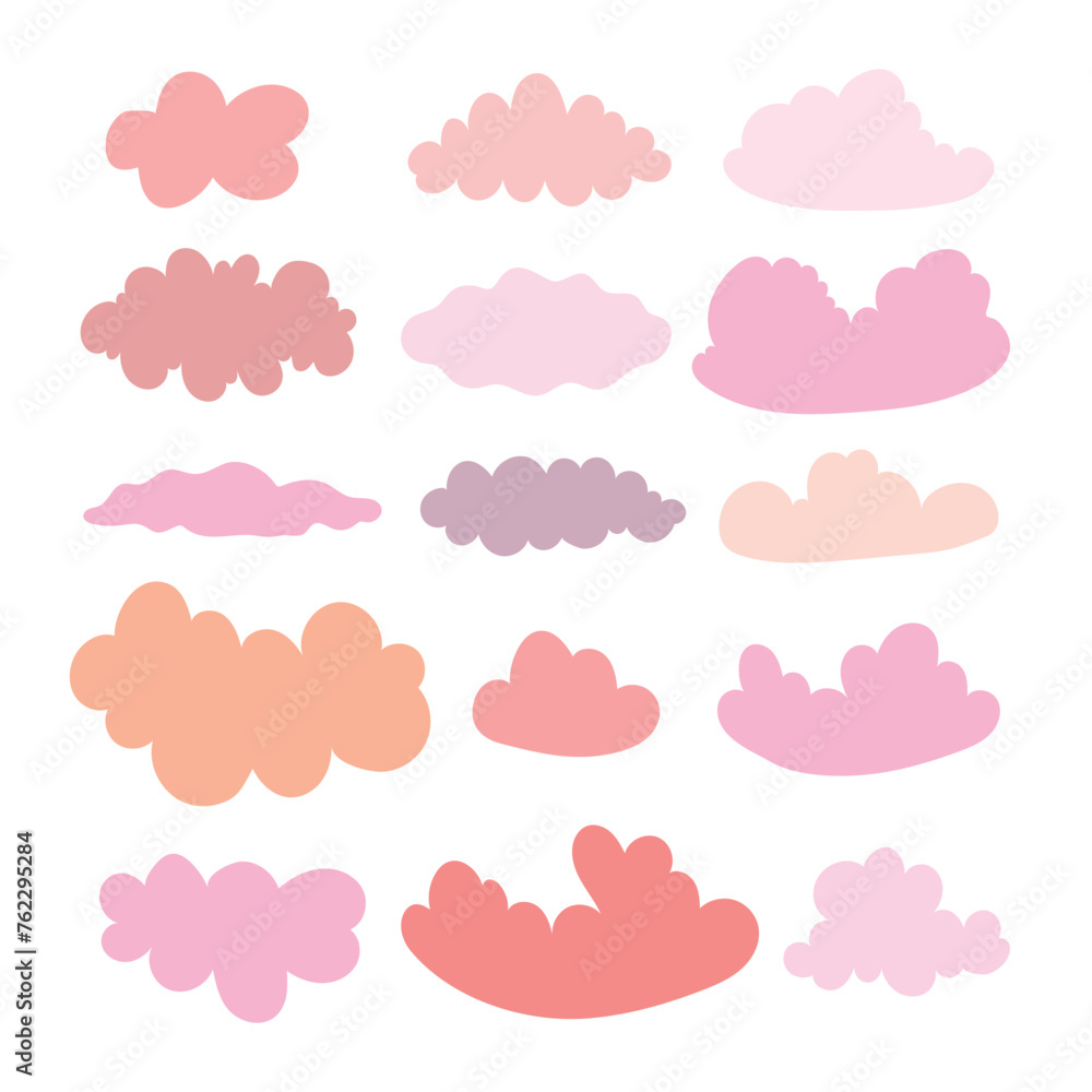 Big set with different pink clouds on white background. Vector 