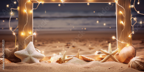 Beach at night with seashells and starfish in a wooden frame with fairy lights