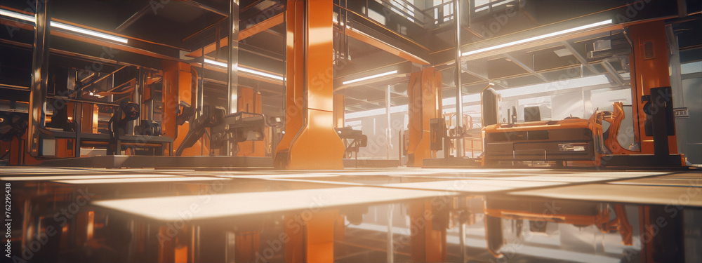 Futuristic Sci-fi Industrial Interior With Orange Accents