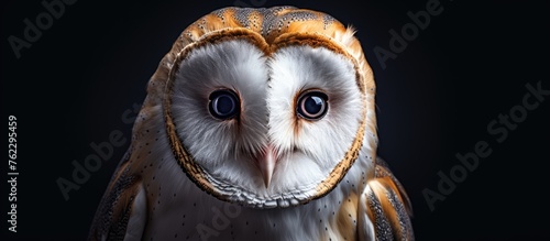A majestic barn owl, a bird of prey from the Falconiformes order, is staring directly at the camera against a striking black background, showcasing its intricate wing and sharp beak
