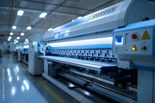 A large modern printer in a commercial printing facility. Concept Industrial Printing Equipment, Commercial Printing Operations, Large-Scale Printing Machinery