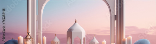 3D rendering of a pink and blue pastel colored middle eastern style building with lanterns and candles.
