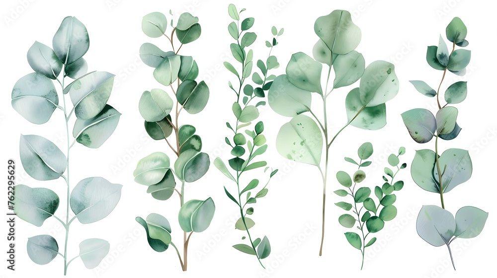 Eucalyptus watercolor clipart set. Green plant collection isolated on white background vector illustration set.