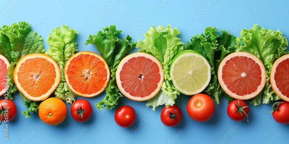Assorted Fruits and Vegetables in a Line healthy food concept flat-lay. Generative AI