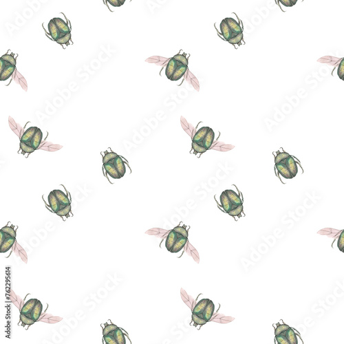 Seamless pattern with green bronze beetles, hand-painted in watercolor on a white background. Close-up illustration of insects. Cetonia aurata. Template for the design of textiles, postcards, tablewar photo