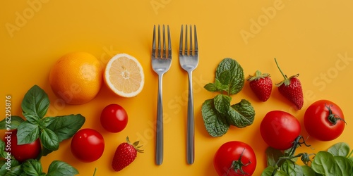 Assorted Fruits and Vegetables on Yellow Surface healthy food concept flat-lay. Generative AI