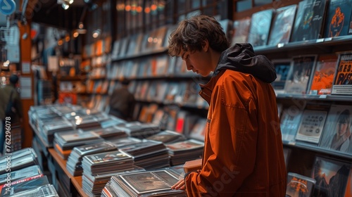 Young teenager boy in a red coat chooses vinyl records in music store.