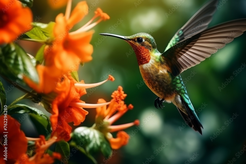 Fototapeta premium Close up portrait of hummingbird perched on flower with lush jungle background, wildlife in nature