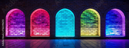 Abstract colorful arched niches in brick wall illuminated with bright neon lights photo
