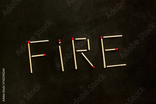 Fire concept with fire text on black background top view