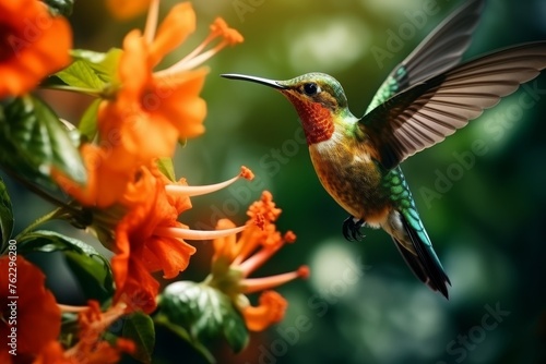 Close up portrait of hummingbird perched on flower with lush jungle background, wildlife in nature