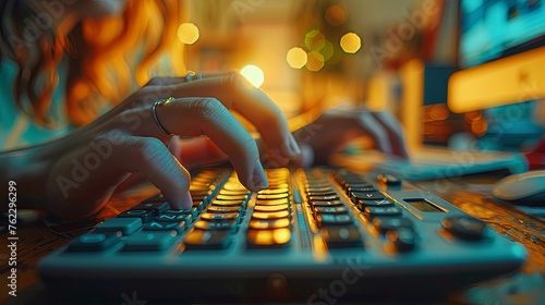 Close-up of female hands typing on the keyboard of a computer. #762296299