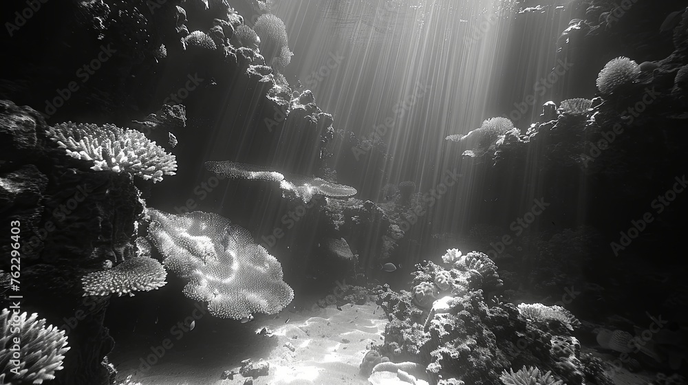 Fototapeta premium Underwater view of a tropical coral reef. Black and white.
