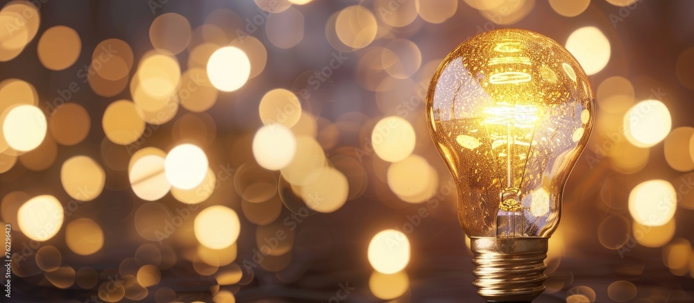 A glowing amber light bulb illuminates in front of a blurred city lights background, creating a beautiful symmetrical pattern. Captured in macro photography A glowing amber light bulb illuminates in front of a blurred city lights background, creating a beautiful symmetrical pattern. Captured in macro photography