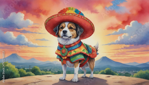 Watercolor Illustration Of Dog In Cinco De Mayo Costume Illustration